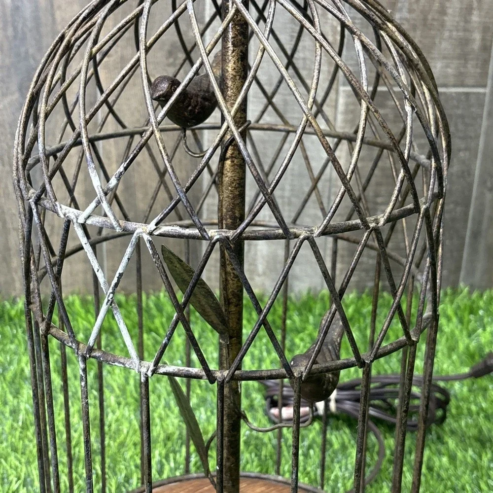 Vintage Birdcage Table Lamp Rustic Metal Wood‎ Birds Farmhouse Decor